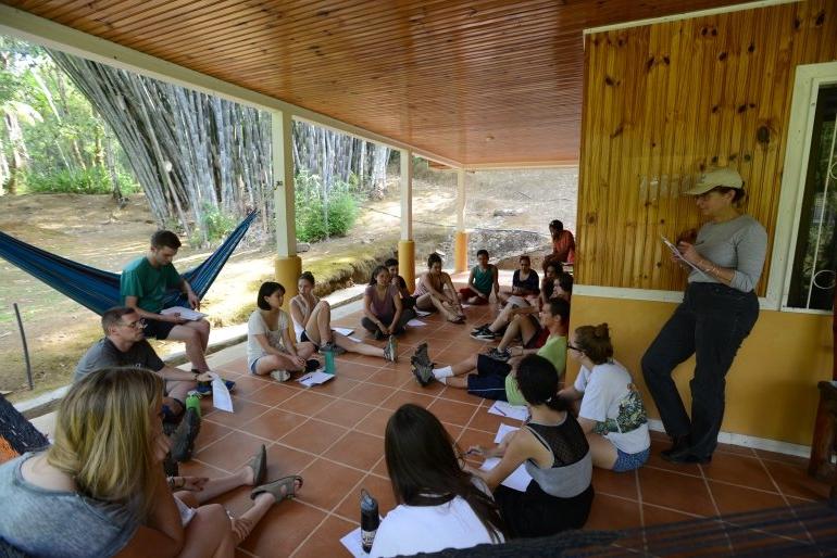 Students meet outside at Pitzer's Firestone Center for Restoration Ecology in Costa Rica